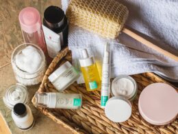 Bathroom skincare products on shelf