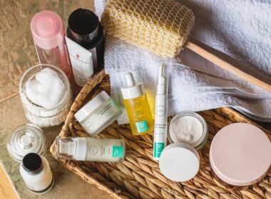 Bathroom skincare products on shelf