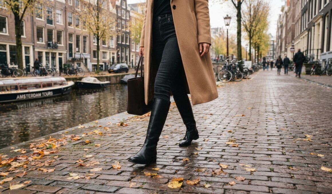 Vrouw loopt in de herfst over de keien langs een gracht in hoge zwarte leren laarzen over een donkere jeans