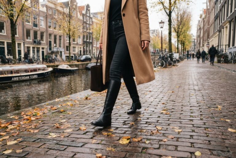 Vrouw loopt in de herfst over de keien langs een gracht in hoge zwarte leren laarzen over een donkere jeans