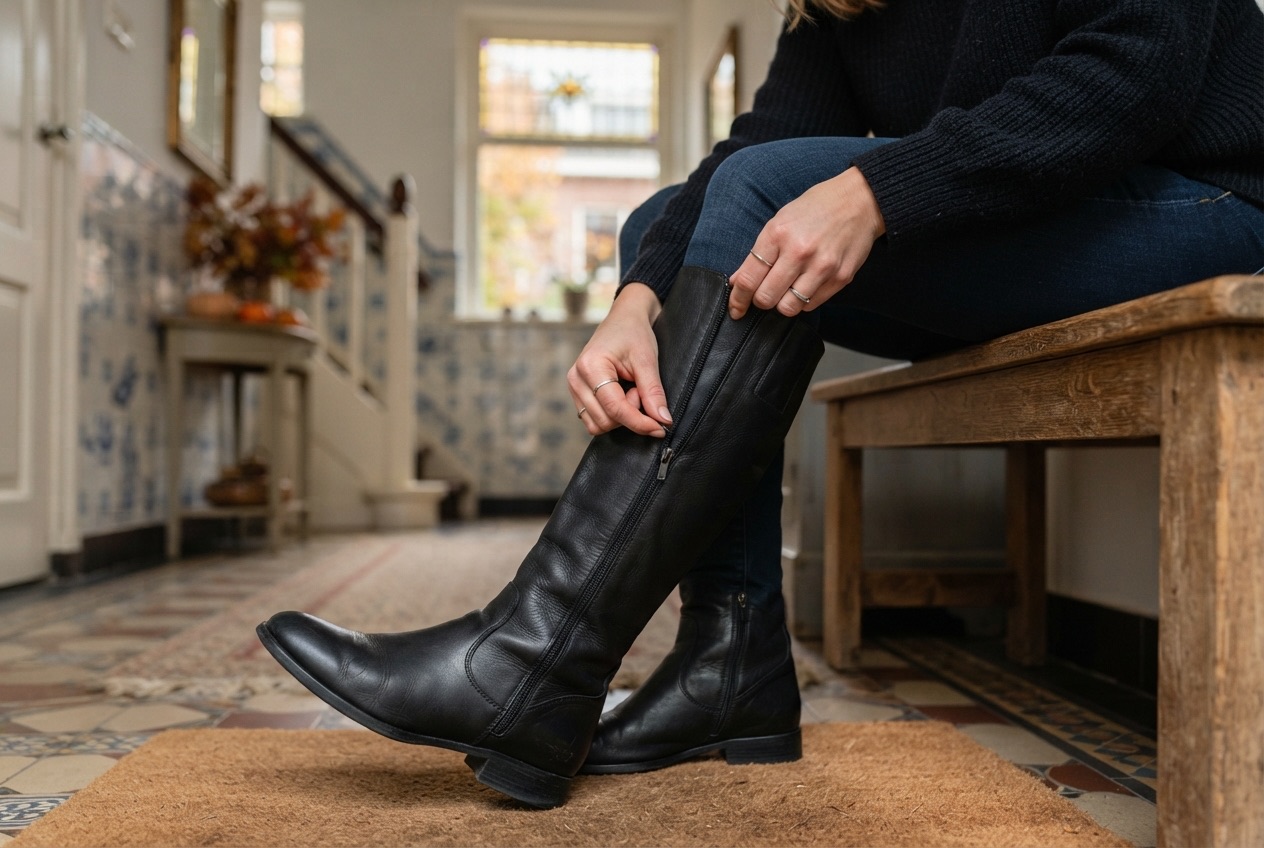 Close-up van een hand die de rits aan de binnenkant van een hoge leren laars over een smalle jeans sluit
