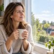 Vrouw met een mok koffie kijkt rustig uit het raam