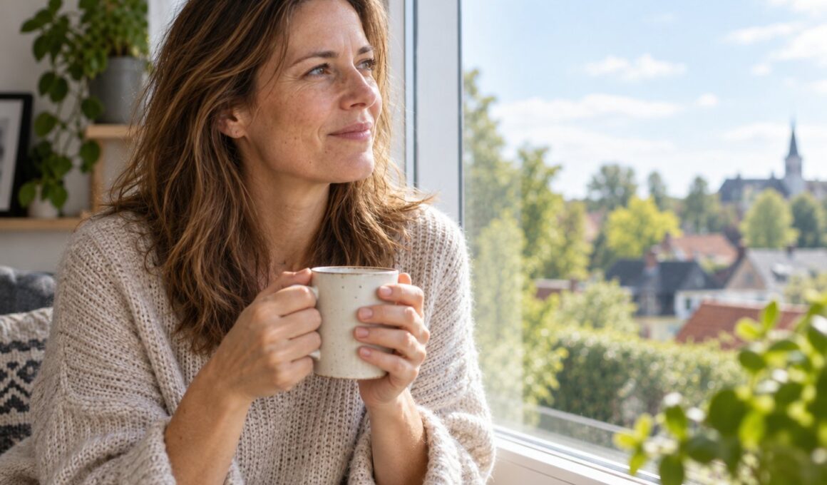 Vrouw met een mok koffie kijkt rustig uit het raam