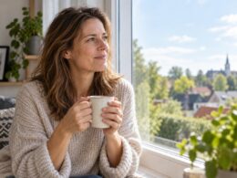 Vrouw met een mok koffie kijkt rustig uit het raam