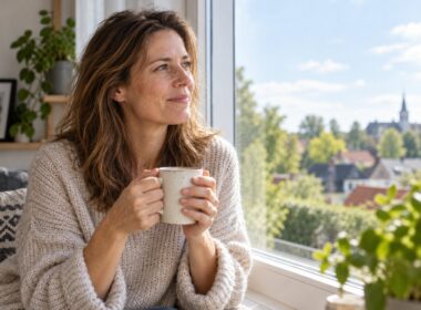 Vrouw met een mok koffie kijkt rustig uit het raam