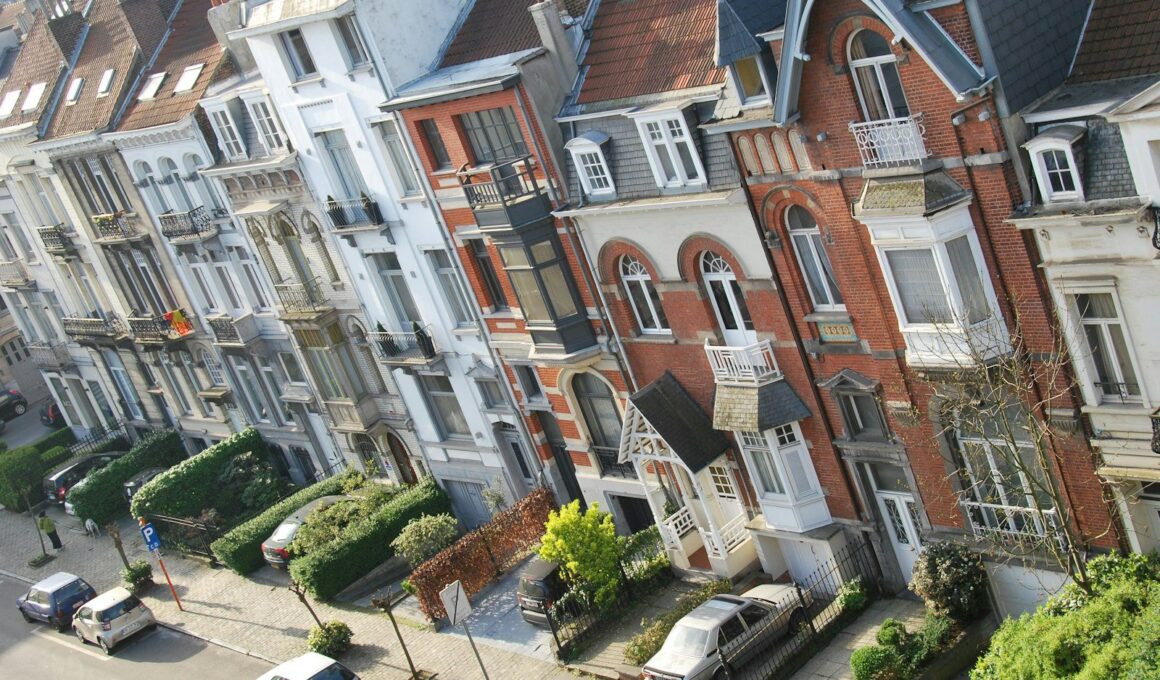 Rij woonhuizen met gevels en kozijnen in een woonstraat